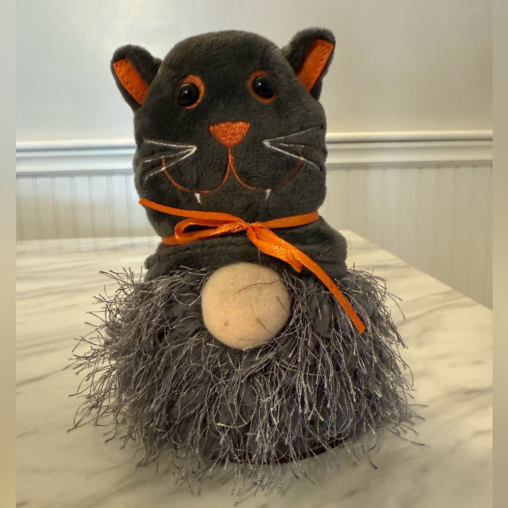 Halloween Gnome Wearing Plush Gray Vampire Cat Hat - Lights Up!